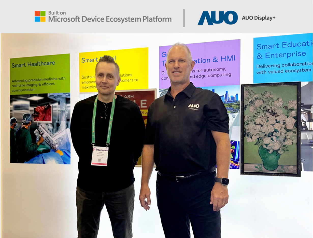 AUO Display Plus joins the Microsoft Device Ecosystem Platform (MDEP), partnering to drive the next wave of innovation in smart enterprise applications. Left: Juha Kuosmanen, Head of MDEP; Right: Scott Hix, CMO and GM of Smart Education and Enterprise Business Group at HaoBo Display Plus